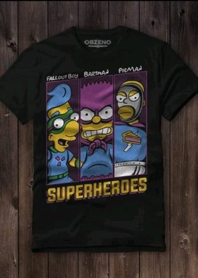 The Simpsons Superheroes T-Shirt Bartman Fallout Boy Pieman Black Graphic Tee Me