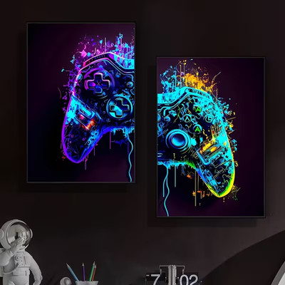2er Leinwanddrucek Neon Controller Gaming Wandbild Weisheiten Dekobild