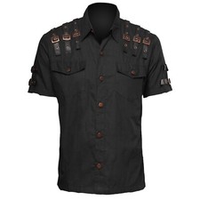Men Steampunk Short Sleeve Shirt Gothic Style Half Sleeves Buckle Straps Shirt