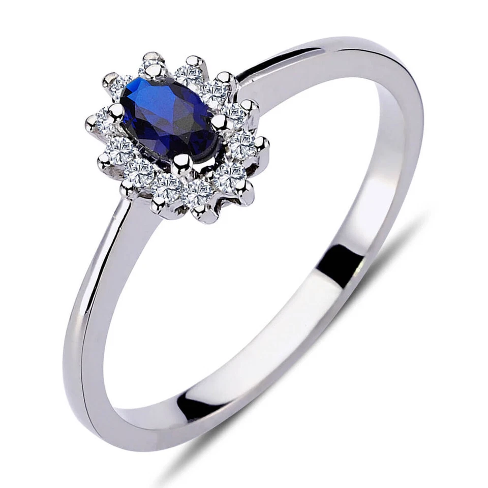 Diamant Oval Saphir Entourage Halo Ring 14 Karat Weißgold - Bild 1 von 1