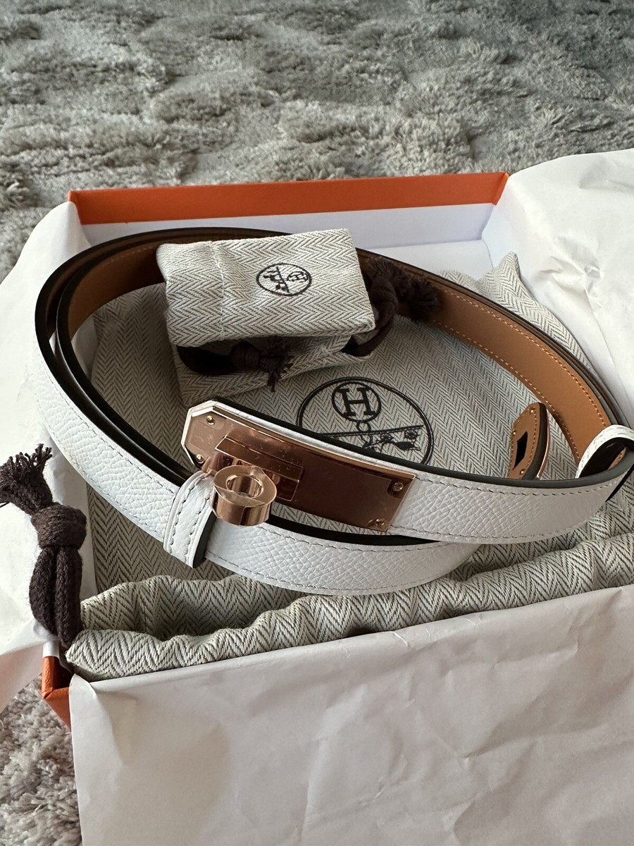 NEW HERMES White Blanc Epsom Rose GHW Kelly 18 Belt One Size