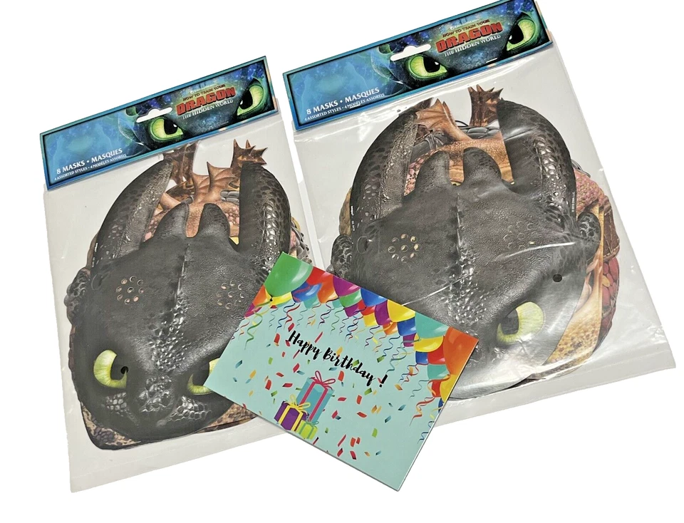 CÓMO ENTRENAR A TU DRAGÓN Máscaras {8 CT} Fiesta de Cumpleaños Mundo Oculto NUEVO Lote de 2 Foto 2 de 3