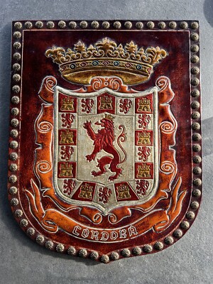 Superb original Cordoba Spain Coat of Arms, hand-crafted, real leather, 43/34 cm