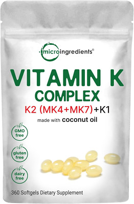 Super Vitamin K Complex (K2 MK7 + MK4 & K1), 360 Coconut Oil Softgles | Easily A