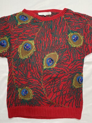 Perry Ellis Vintage 1980's Hand Knit Red Green Peacock Feather