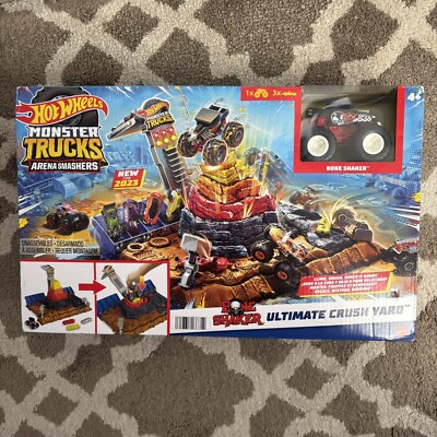 Hot Wheels Monster Trucks Arena Smashers Bone Shaker Ultimate Crush Yard Set New