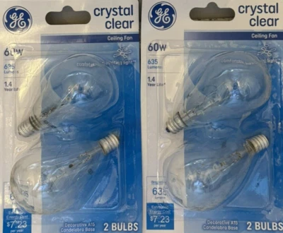 4 GE 60W Crystal Clear Ceiling Fan Light Bulbs w/Candelabra Base- 2700K