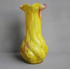 Vtg Czech Spatter Glass Ruffled Rim Yellow Pink White Vase