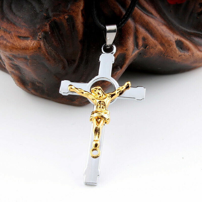 3D Titanium Steel Christian Jesus Cross Catholic Crucifix Leather
