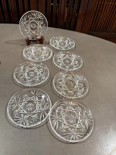 Eight 4 1/2 "  Vintage Anchor Hocking EAPG Star of David Clear Glass Coasters