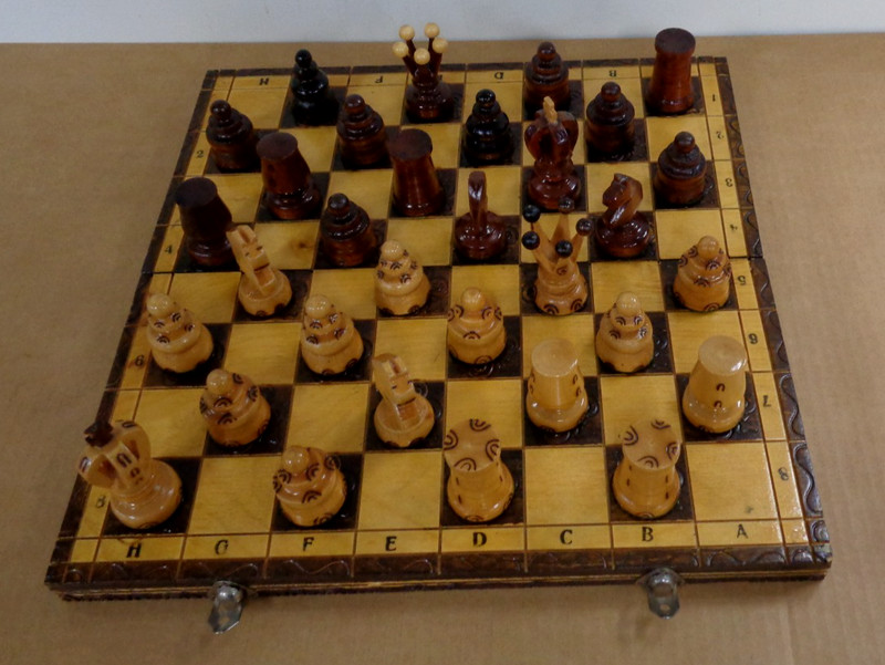 Vintage Chess Set W/Wooden Folding Chess Board Case