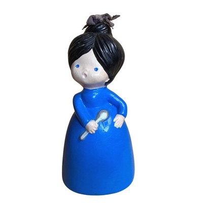Vintage Ceramic Lady Bell Figurine Blue Dress Girl Holding Spoon Folk Art Decor