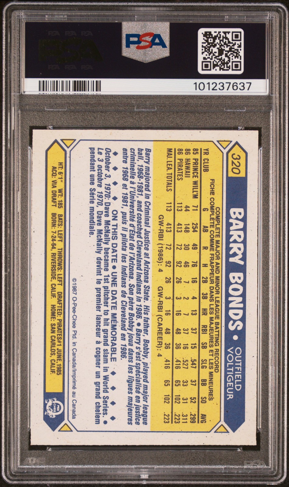 1987 O-PEE-CHEE #320 BARRY BONDS ROOKIE RC PSA 9 view 2