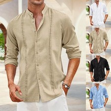 Mens Long Sleeve Button-down Tops Shirts Casual Loose Solid Blouse Retro Tee US