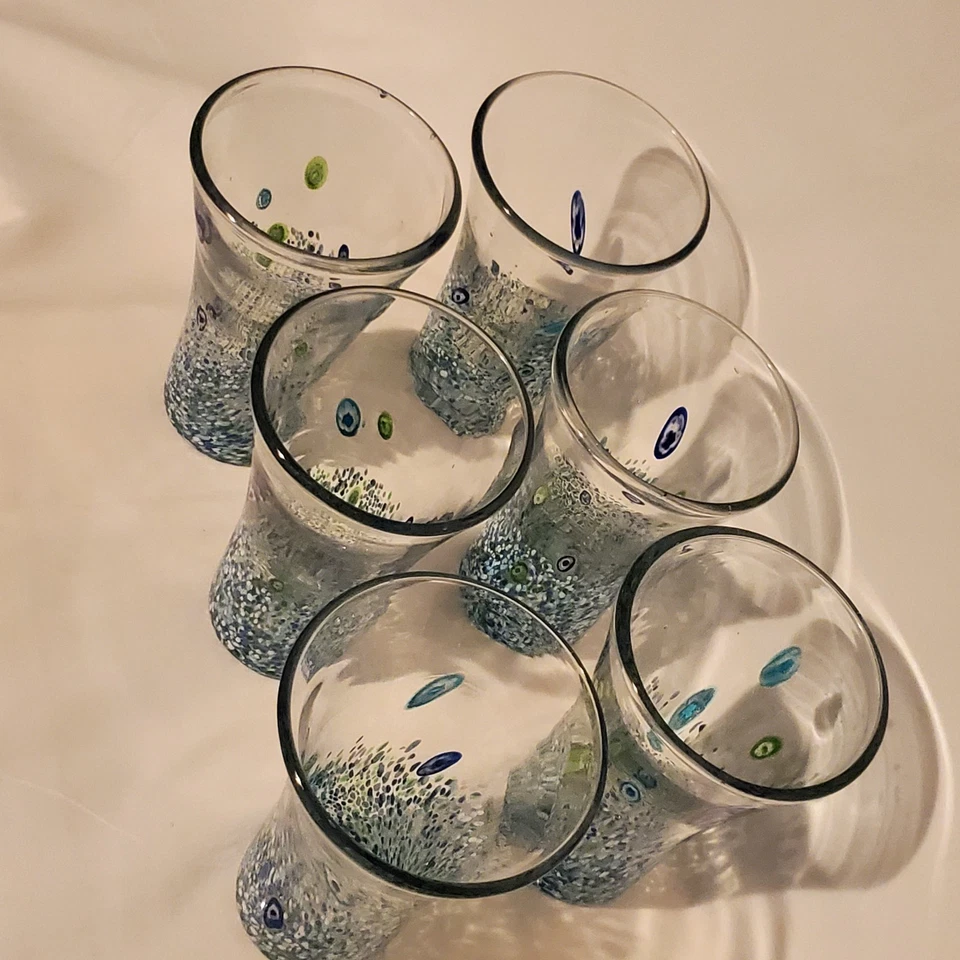 Amici Hand Blown Glass Highball Monet Blue Millefiori Abstract Lot Of 6 - Image 2 of 4