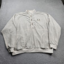 Vintage Straight Down Henley Sweater Mens XL Beige Striped Poly Cotton USA Made