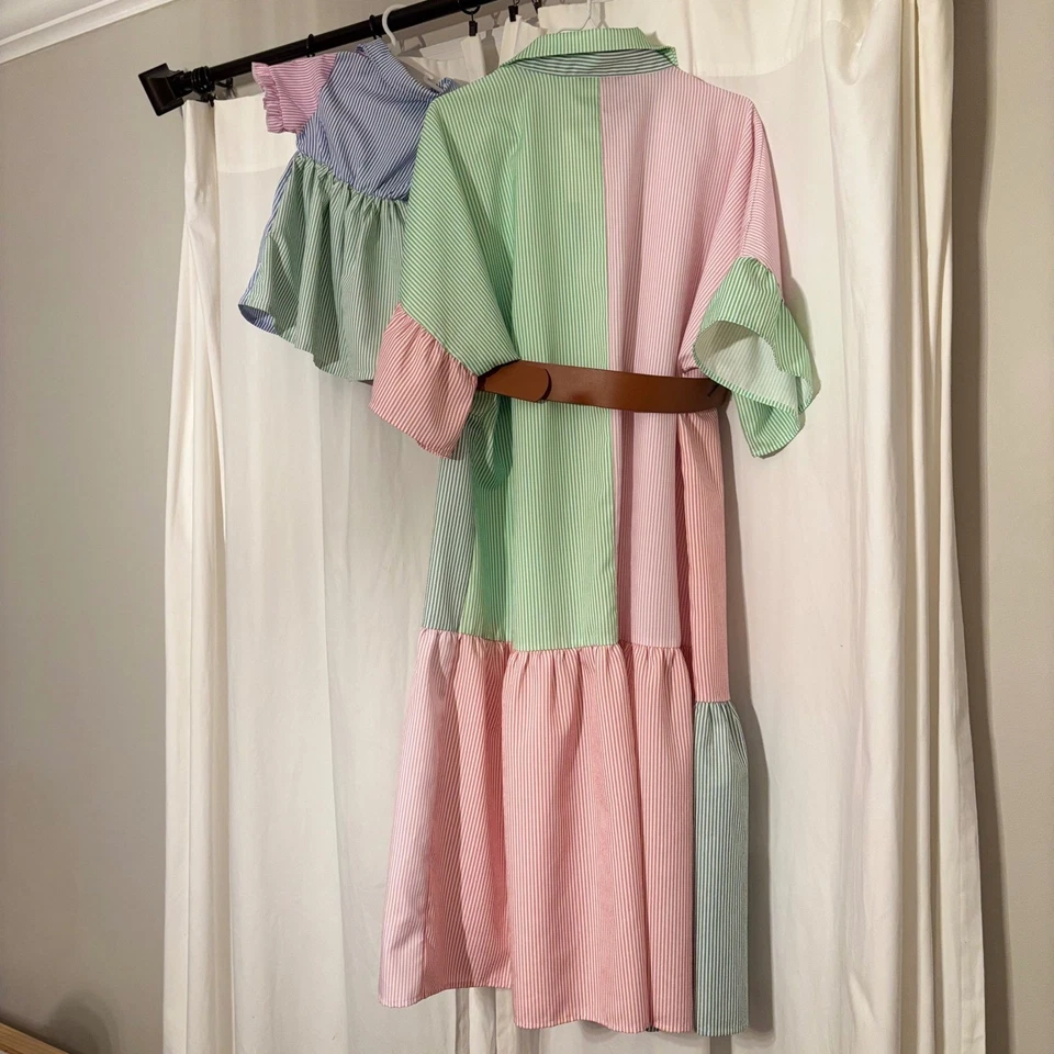 Mom & Baby Matching outfit dress pin strip dress belt preppy mom 1XL baby 9-12m - Image 2 of 4