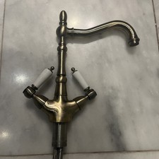 Antique Brass Kitchen Tap Double Ceramic Handle Water Mixer Swivel Spout Faucet