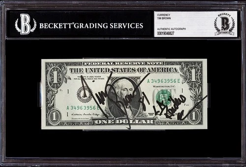 **RARE** Tim Brown Signed $1 One US Dollar Bill Encapsulated Beckett BAS