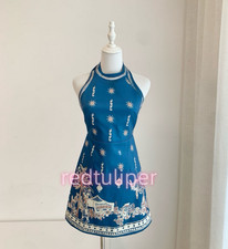 NEW ALE~ linen blue print hanging neck dress 2026 new holiday casual dress