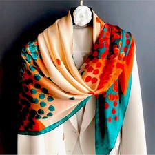 Beautiful Silk-Like Satin Printed Square Scarf in Aqua Green and Orange