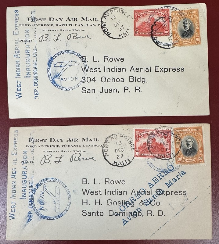 Haiti, 2 First Flight Covers: to Puerto Rico and Dominican Rep., Signed by Pilot