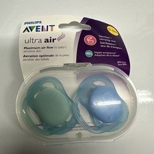 Philips Avent Ultra Air Pacifiers 2-Pk w/Sterilizer Case 6-18m Blue Green - New