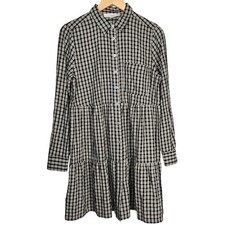 LOFT Womens Black Cream Plaid Tiered Shirt Dress Size M Long Sleeve Gingham