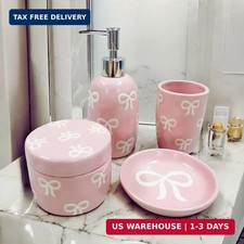 4 Pcs Bow Ceramic Bathroom Accessory Set Soap Dispenser Tumbler Decor