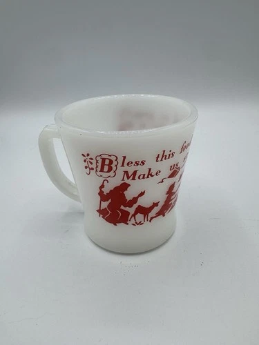 Fire King Anchor Hocking Mug 8 oz White Vintage Milk Glass Bless This Food Cup
