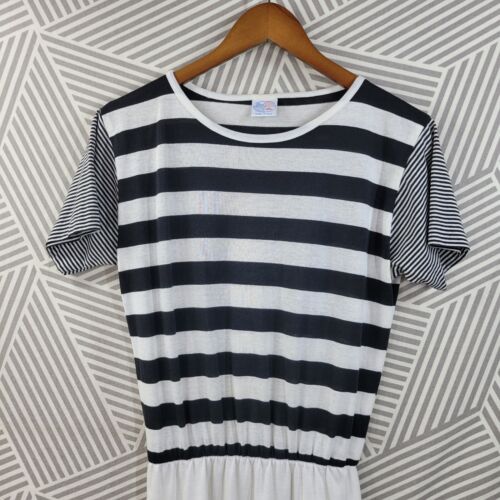 Vintage 80s Stripe Dress Size Small Medium Comfort Cotton stretch black white - Picture 2 of 6