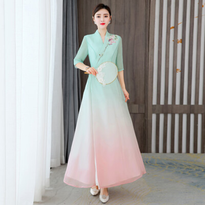 Elegant Women Floral Chiffon Hanfu Dress Chinese Cheongsam Ball Gown Fairy Sweet