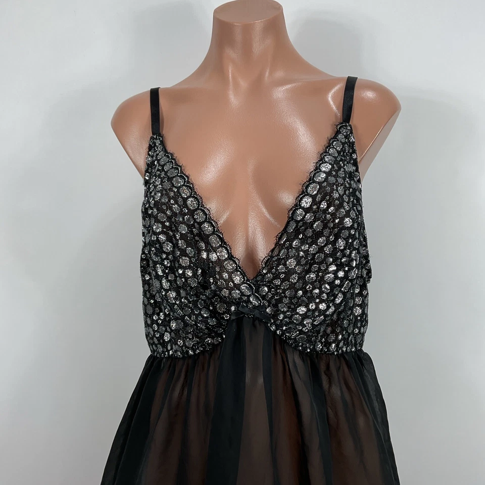 Camisola curta Cacique Negligee Babydoll feminina preta prata renda transparente 18/20 - Imagem 3 de 4