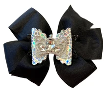 Beautiful Black bow with additional faux leather bow with silver jeweled crown.
