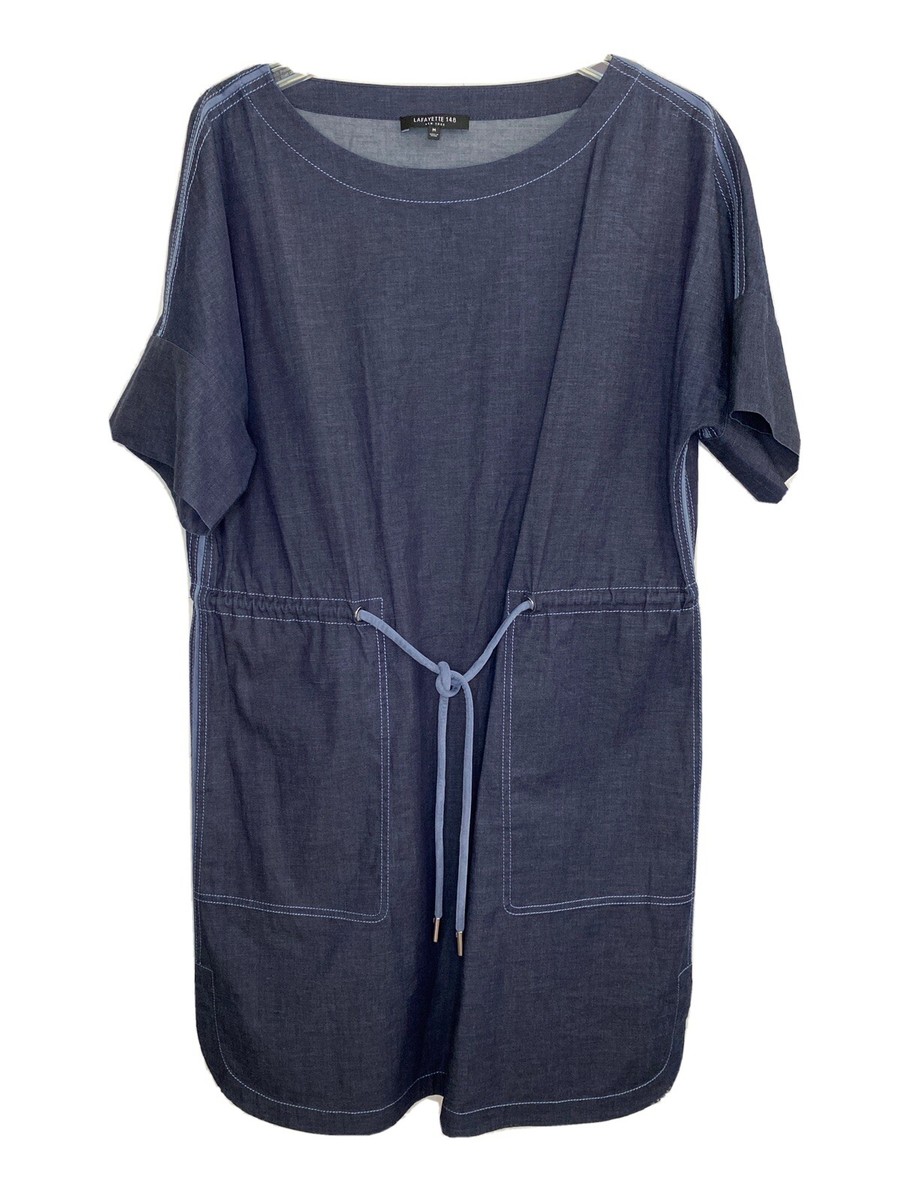 lafayette 148 denim dress Lafayette 148 "Brandon" Short Sleeve Denim Pocket Drawstring Waist Dress sz S
