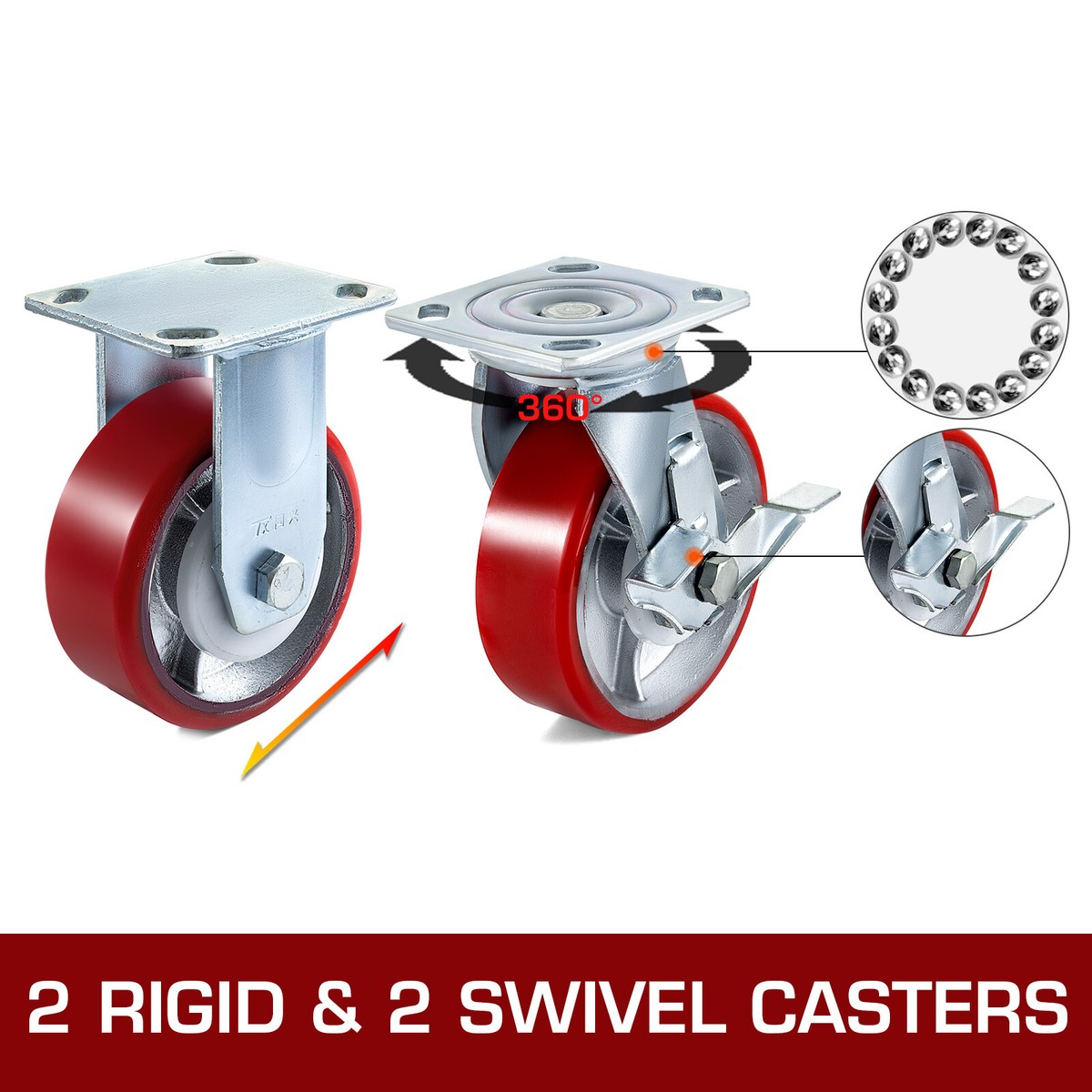 4" Toolbox Caster Set With Brakes - Ideal For Lighter Duty Cabinets - Blue Polyurethane Tread Wheel