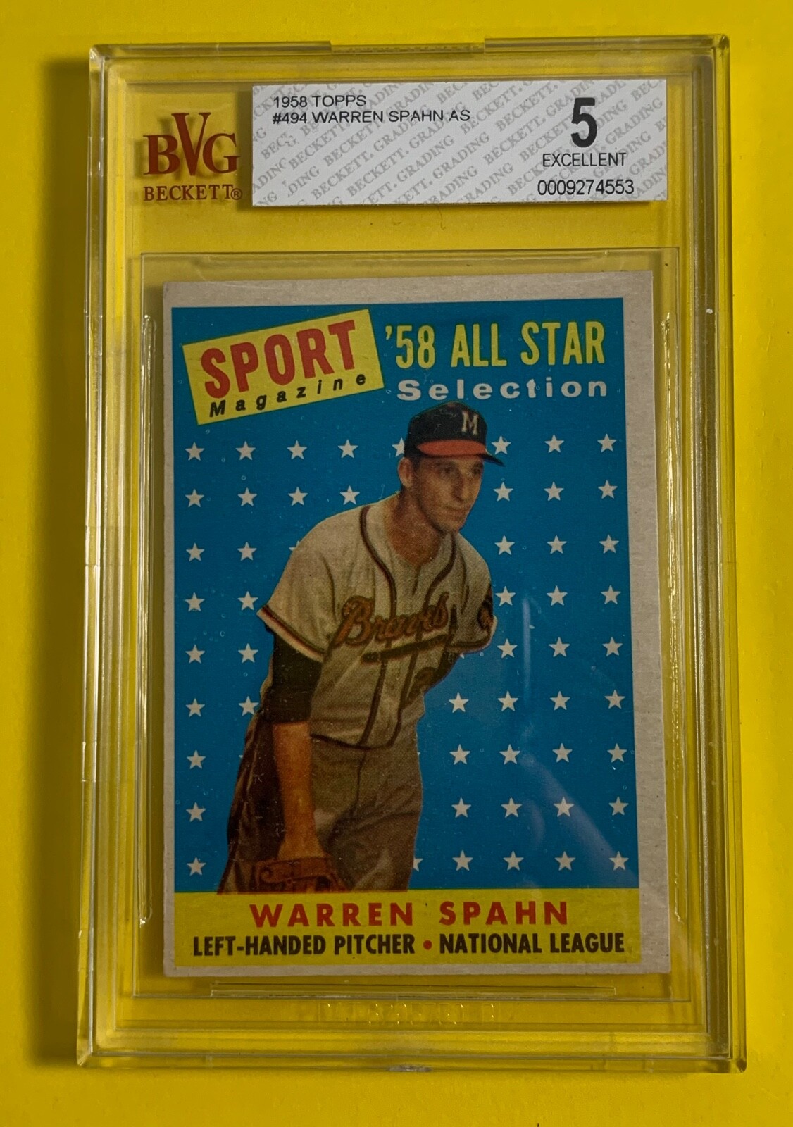 WARREN SPAHN 1958 Topps #494 AS '58 All Star BECKETT BVG 5