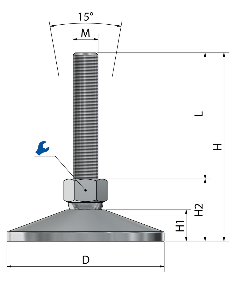 Maschinenfuß / Gelenkfuß PA, 83 Mm, M20 X 200 Mm Edelstahl, Bohrungen, NBR MOV