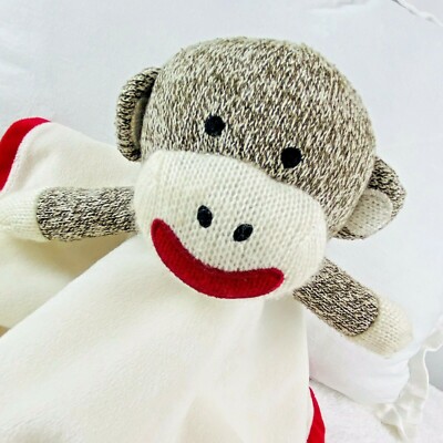 Sock Monkey Lovey Plush Security Blanket Rattle Fleece Satin Trim