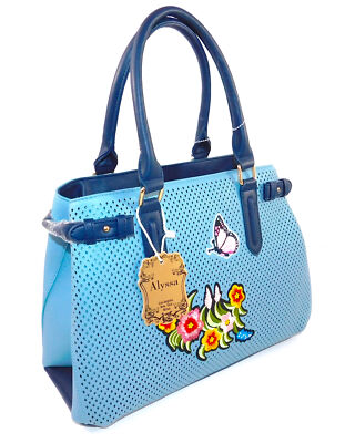 Alyssa Vegan Lead Free XL Embroidered Satchel Handbag Blue