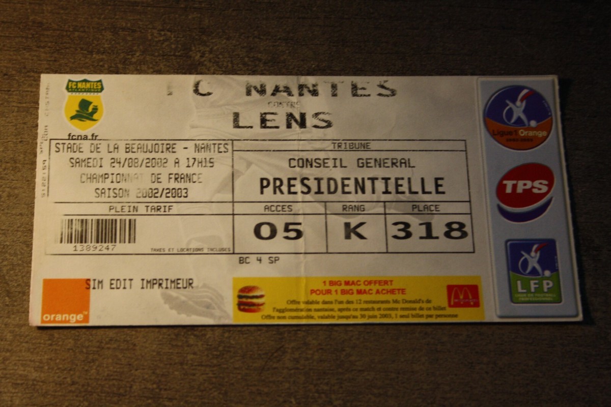 Ticket Match De Football RC Lens / OL – Saison 2002/2003