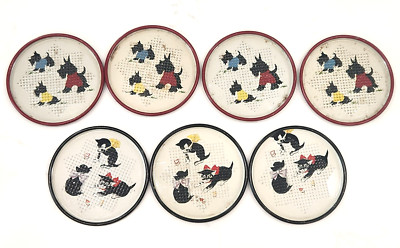 Vintage Tin Metal Coasters Black Cat & Black Schnauzer Dog 3'' MCM