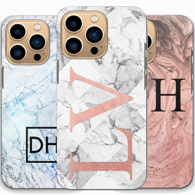 Personalised Initial Phone Case For iPhone 14/13/A13/S22 Grey Marble Hard Cover