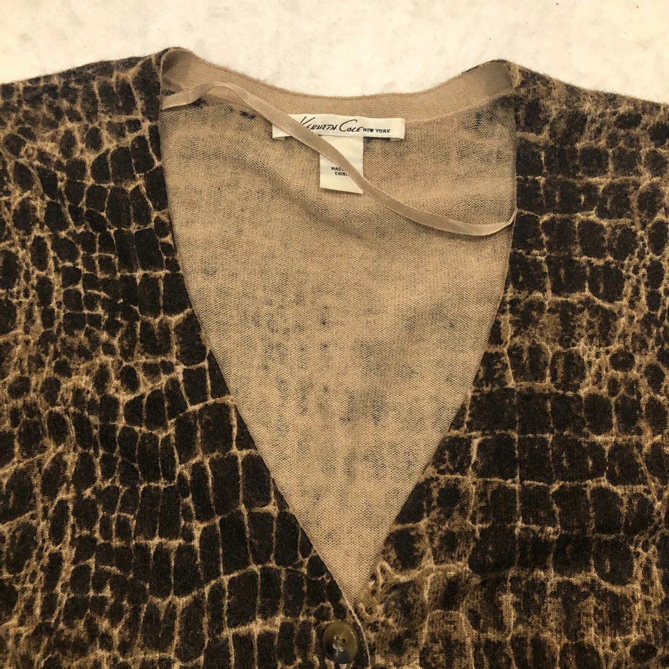 Cárdigan Kenneth Cole Mujer Mezcla Seda Angora Talla M Marrón Estampado Serpiente Abotonado Foto 2 de 4