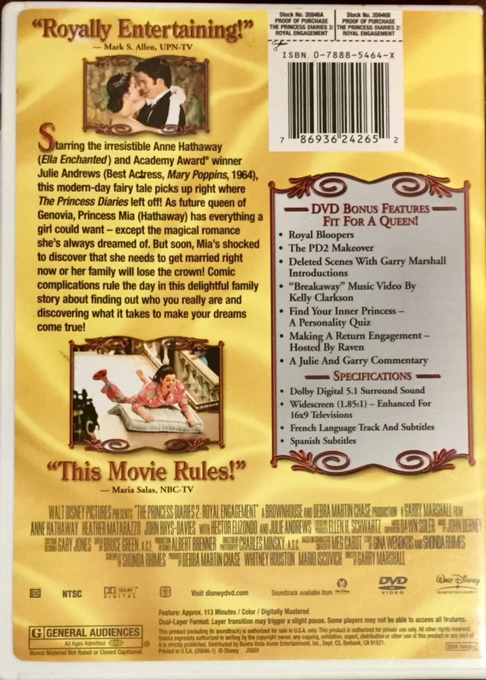 The Princess Diaries 2 : Royal Engagement  (DVD, 2004, R1)  Anne Hathaway - Image 2 of 3