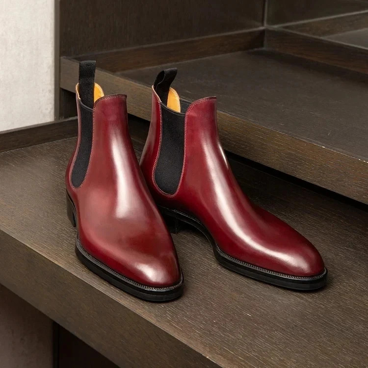 Mens Chelsea Boots New Classics New Versatile Burgundy Leather Boots New