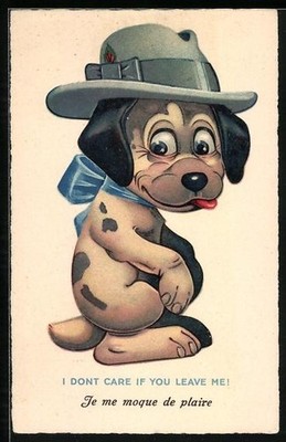 Postcard dog with hat and bow is not afraid to leave 