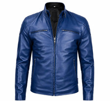 Men's Blue Leather Biker Jacket Genuine Lambskin Motorcycle Rider Casual Coat