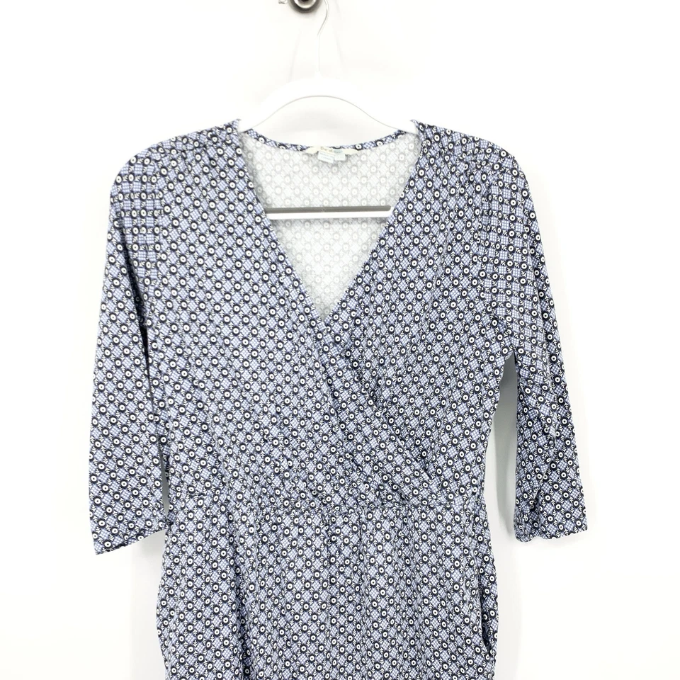 Vestido Boden Mujer Talla 8 Mediano Manga Corta 3/4 Envolvente Azul Blanco Estampado Elástico Foto 2 de 4
