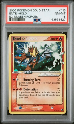 2005 POKEMON EX UNSEEN FORCES GOLD STAR #113 ENTEI-HOLO PSA 8